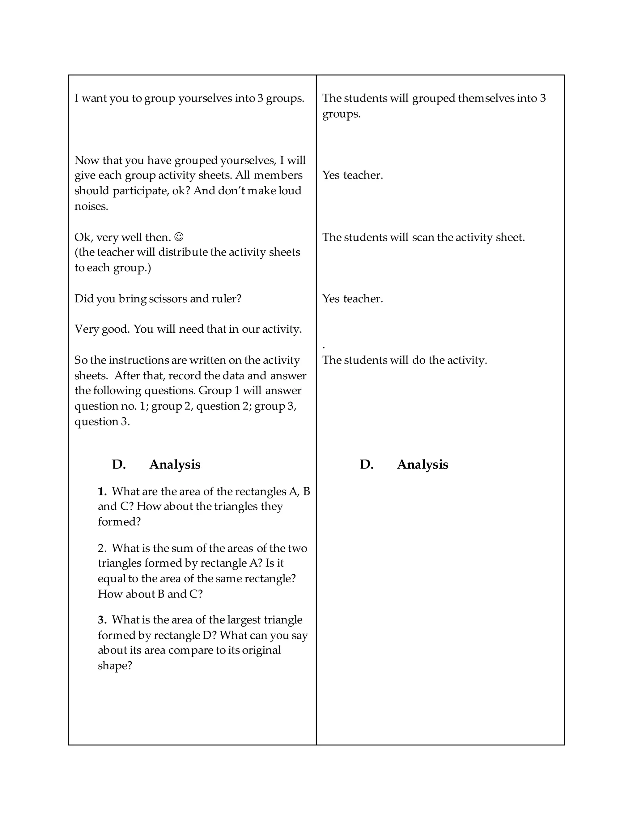 I want you to group yourselves into 3 groups.
Now that you have grouped yourselves, I will
give each group activity sheets. All members
should participate, ok? And don’t make loud
noises.
Ok, very well then. 
(the teacher will distribute the activity sheets
to each group.)
Did you bring scissors and ruler?
Very good. You will need that in our activity.
So the instructions are written on the activity
sheets. After that, record the data and answer
the following questions. Group 1 will answer
question no. 1; group 2, question 2; group 3,
question 3.
D. Analysis
1. What are the area of the rectangles A, B
and C? How about the triangles they
formed?
2. What is the sum of the areas of the two
triangles formed by rectangle A? Is it
equal to the area of the same rectangle?
How about B and C?
3. What is the area of the largest triangle
formed by rectangle D? What can you say
about its area compare to its original
shape?
The students will grouped themselves into 3
groups.
Yes teacher.
The students will scan the activity sheet.
Yes teacher.
.
The students will do the activity.
D. Analysis
 