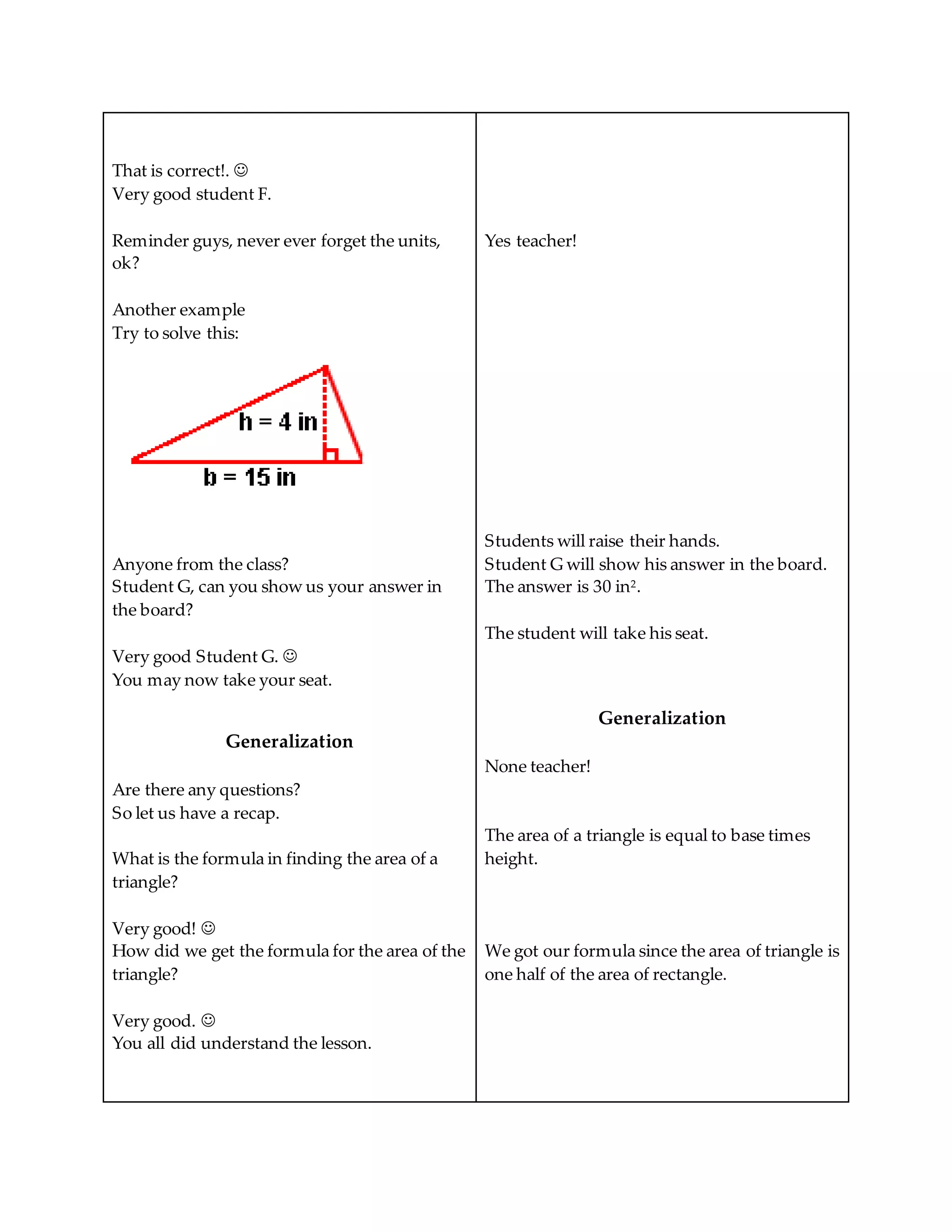 That is correct!. 
Very good student F.
Reminder guys, never ever forget the units,
ok?
Another example
Try to solve this:
Anyone from the class?
Student G, can you show us your answer in
the board?
Very good Student G. 
You may now take your seat.
Generalization
Are there any questions?
So let us have a recap.
What is the formula in finding the area of a
triangle?
Very good! 
How did we get the formula for the area of the
triangle?
Very good. 
You all did understand the lesson.
Yes teacher!
Students will raise their hands.
Student G will show his answer in the board.
The answer is 30 in2.
The student will take his seat.
Generalization
None teacher!
The area of a triangle is equal to base times
height.
We got our formula since the area of triangle is
one half of the area of rectangle.
 