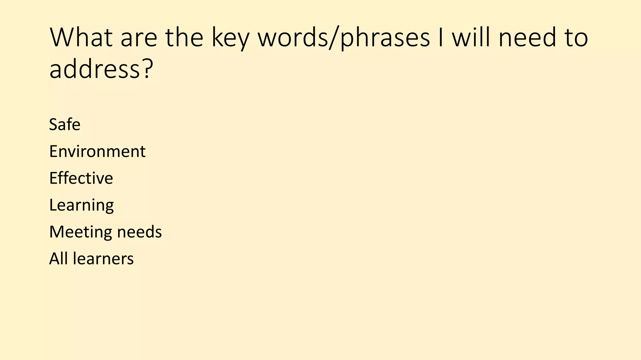 What are the key words/phrases I will need to
address?
Safe
Environment
Effective
Learning
Meeting needs
All learners
 