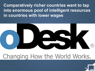 Comparatively richer countries want to tap
into enormous pool of intelligent resources
in countries with lower wages
28
 