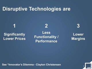 7
Disruptive Technologies are
2
Less
Functionality /
Performance
3
Lower
Margins
See “Innovator’s Dilemma - Clayton Christensen
1
Significantly
Lower Prices
 