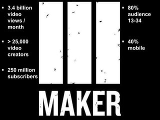 10
 3.4 billion
video
views /
month
 > 25,000
video
creators
 250 million
subscribers
 80%
audience
13-34
 40%
mobile
 