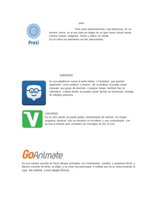 prezi 
Para crear presentaciones más dinámicas, en un 
entorno online en el que todo se integra en un gran lienzo virtual donde 
insertar nuevas imágenes, textos y videos en donde 
Es un editor los elementos se irán relacionando. 
EDEMODO 
Es una plataforma social al estilo twitter o Facebook que permite 
registrarse como profesor o alumno .alli, el profesor le puede enviar 
mensaje. asu grupo de alumnos o asignar tareas también hay un 
calendario, y alerta donde se pueden poner fechas de exámenes, entrega 
de trabajos practicos. 
VOCAROO 
Es un sitio, donde se puede grabar directamente de internet, sin ningún 
programa especial solo se necesita un micrófono y una computadora con 
acceso a internet para compartir los mensajes de voz en líne 
Es una manera sencilla de hacer dibujos animados con movimientos, sonidos y expresión facial, y 
efectos sonoras de fondo se eligen y se crean los personajes a medida que se va seleccionando la 
ropa los colores y sus rasgos físicos. 

