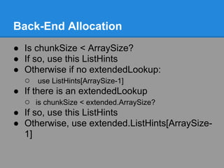 Back-End Allocation
● Is chunkSize < ArraySize?
● If so, use this ListHints
● Otherwise if no extendedLookup:
  ○ use ListHints[ArraySize-1]
● If there is an extendedLookup
  ○ is chunkSize < extended.ArraySize?
● If so, use this ListHints
● Otherwise, use extended.ListHints[ArraySize-
  1]
 