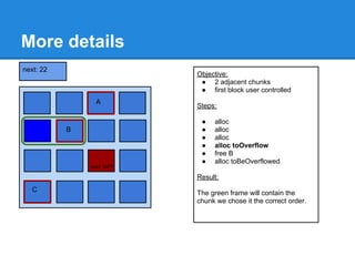 More details
next: 22
                                  Objective:
                                   ● 2 adjacent chunks
                                   ● first block user controlled
                       A
                                  Steps:

                                   ●   alloc
             B                     ●   alloc
           next=16                 ●   alloc
                                   ●   alloc toOverflow
                                   ●   free B
                                   ●   alloc toBeOverflowed
next=30              next: 0xFF

                                  Result:
  C
 Busy                             The green frame will contain the
                     next=0xFF
                                  chunk we chose it the correct order.
 