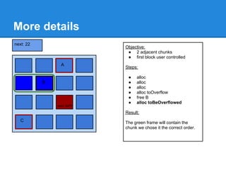 More details
next: 22
                                  Objective:
                                   ● 2 adjacent chunks
                                   ● first block user controlled
                       A
                                  Steps:

                                   ●   alloc
             B                     ●   alloc
           next=16                 ●   alloc
                                   ●   alloc toOverflow
                                   ●   free B
                                   ●   alloc toBeOverflowed
next=30              next: 0xFF

                                  Result:
  C
 Busy                             The green frame will contain the
                     next=0xFF
                                  chunk we chose it the correct order.
 