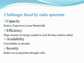 Challenges faced by radio spectrum
Capacity
Scarce, Expensive,Lesser Bandwidth
Efficiency
Huge amount of energy needed to cool the base station cabins
Availability
Unavailable in aircrafts
Security
Radio waves penetrate through walls
 