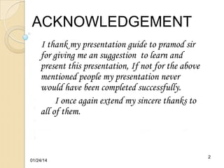 ACKNOWLEDGEMENT
I thank my presentation guide to pramod sir
for giving me an suggestion to learn and
present this presentation, If not for the above
mentioned people my presentation never
would have been completed successfully.
I once again extend my sincere thanks to
all of them.

01/24/14

2

 