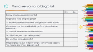 5
Sim Não
Escrevi o texto cronologicamente?
Organizei o texto em parágrafos?
As informações essenciais sobre o biografado foram dadas?
Os acontecimentos da vida do biografado são realmente
relevantes?
As palavras estão escritas corretamente?
Se utilizei imagens, coloquei legendas?
Dei um título para a biografia?
Utilizei expressões que indicam tempo, como “nessa época”;
“no mesmo ano”; “nos depois”; etc.?
Vamos revisar nossa biografia?
 