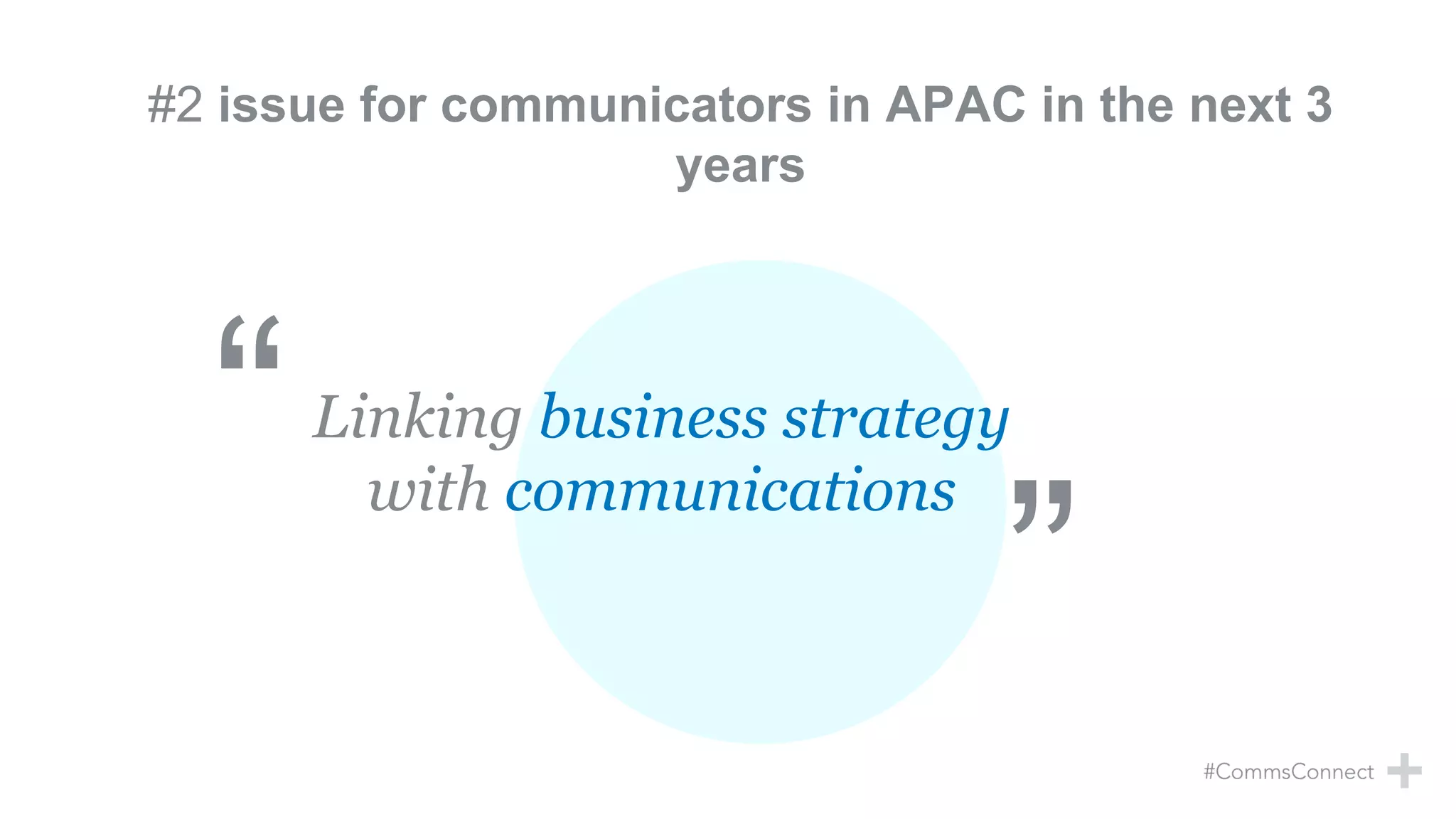 #2 issue for communicators in APAC in the next 3
years
Source: Asia Pacific Communication Monitor 2015/2016 – Asia Pacific Association of Communications Directors
Linking business strategy
with communications
 