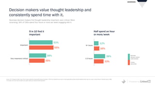Powered by
Decision makers value thought leadership and
consistently spend time with it.
Source: 2017 Edelman/LinkedIn Study "How Thought Leadership Impacts B2B Demand Generation." [POV] How important do you think it is that organizations produce thought leadership which lays out a vision or point-of-view on important topics? [TIME]
On average, how much time per week do you spend reading and viewing thought leadership?
Business decision makers find thought leadership important, even critical. More
surprising: 16% of CXOs spend four hours or more per week engaging with it.
53%
55%
9 in 10 find it
important
Important
Very important/critical
38%
35%
4+ hours
1-3 hours
12%
16%
38%
33%
Half spend an hour
or more/week
AWARENESS
Business
decision makers
(total sample)
C-Suite
executives
 