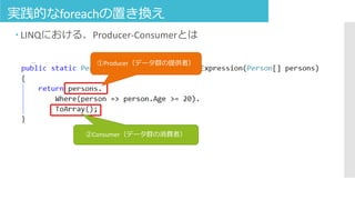 実践的なforeachの置き換え
 LINQにおける、Producer-Consumerとは
①Producer（データ群の提供者）
②Consumer（データ群の消費者）
 