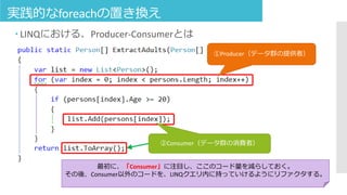 実践的なforeachの置き換え
 LINQにおける、Producer-Consumerとは
①Producer（データ群の提供者）
②Consumer（データ群の消費者）
最初に、「Consumer」に注目し、ここのコード量を減らしておく。
その後、Consumer以外のコードを、LINQクエリ内に持っていけるようにリファクタする。
 