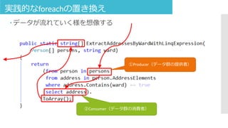 実践的なforeachの置き換え
 データが流れていく様を想像する
①Producer（データ群の提供者）
②Consumer（データ群の消費者）
 