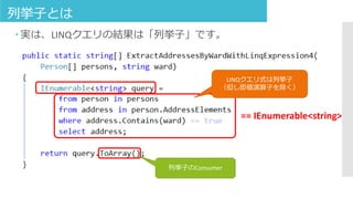 列挙子とは
 実は、LINQクエリの結果は「列挙子」です。
LINQクエリ式は列挙子
（但し即値演算子を除く）
列挙子のConsumer
== IEnumerable<string>
 