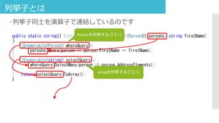 列挙子とは
 列挙子同士を演算子で連結しているのです
Personを列挙するクエリ
stringを列挙するクエリ
 