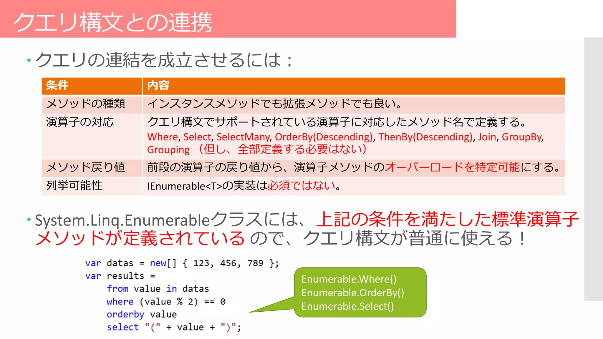 クエリ構文との連携
 クエリの連結を成立させるには：
 System.Linq.Enumerableクラスには、上記の条件を満たした標準演算子
メソッドが定義されている ので、クエリ構文が普通に使える！
Enumerable.Where()
Enumerable.OrderBy()
Enumerable.Select()
条件 内容
メソッドの種類 インスタンスメソッドでも拡張メソッドでも良い。
演算子の対応 クエリ構文でサポートされている演算子に対応したメソッド名で定義する。
Where, Select, SelectMany, OrderBy(Descending), ThenBy(Descending), Join, GroupBy,
Grouping （但し、全部定義する必要はない）
メソッド戻り値 前段の演算子の戻り値から、演算子メソッドのオーバーロードを特定可能にする。
列挙可能性 IEnumerable<T>の実装は必須ではない。
 