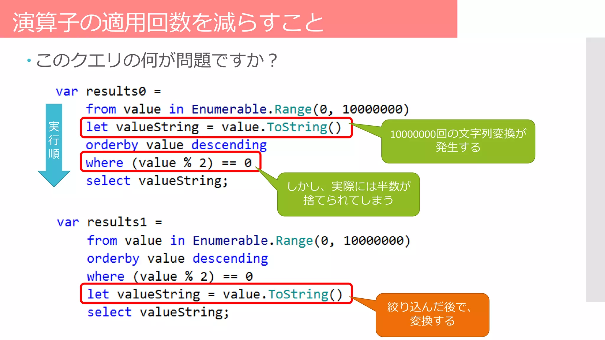 演算子の適用回数を減らすこと
 このクエリの何が問題ですか？
10000000回の文字列変換が
発生する
しかし、実際には半数が
捨てられてしまう
絞り込んだ後で、
変換する
実
行
順
 