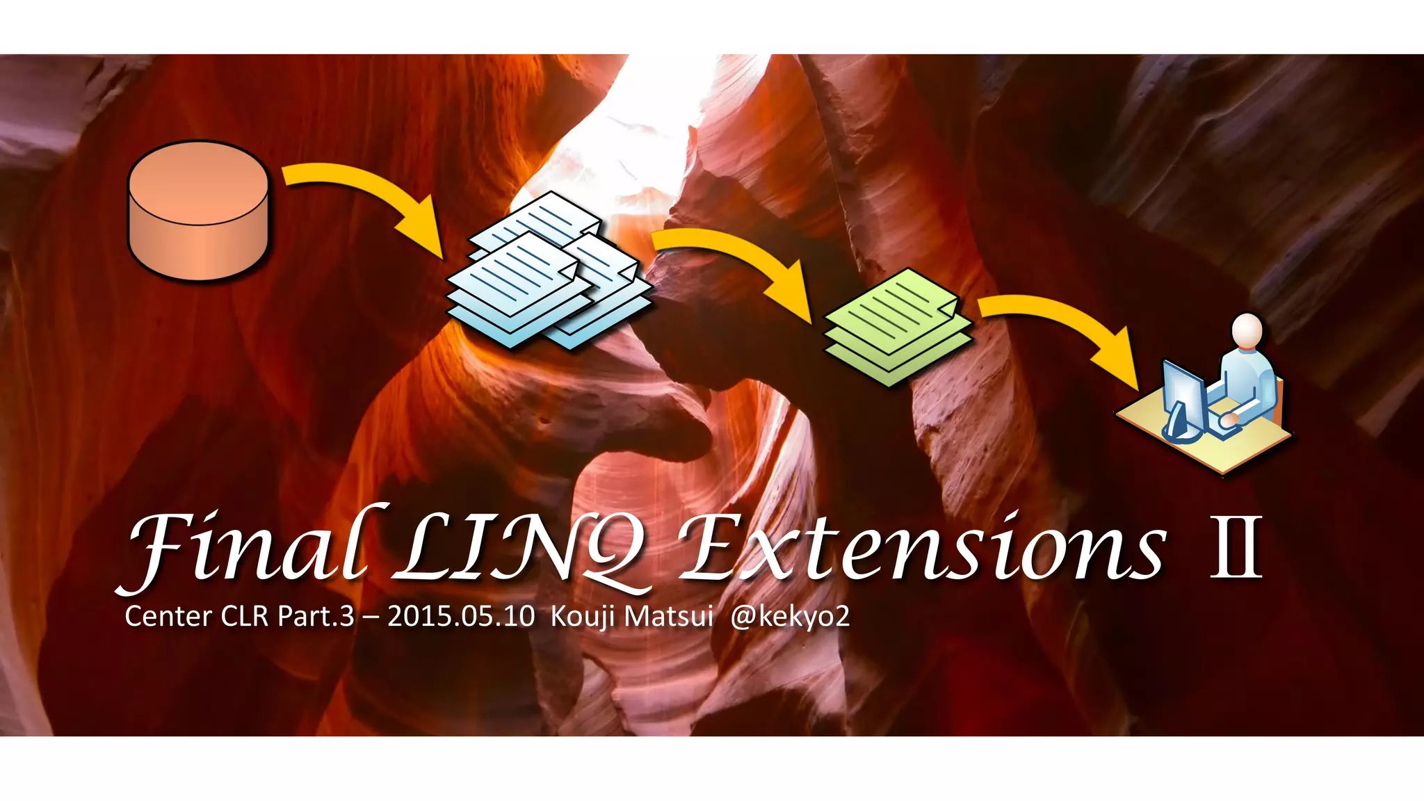Final LINQ Extensions Ⅱ
Center CLR Part.3 – 2015.05.10 Kouji Matsui @kekyo2
 