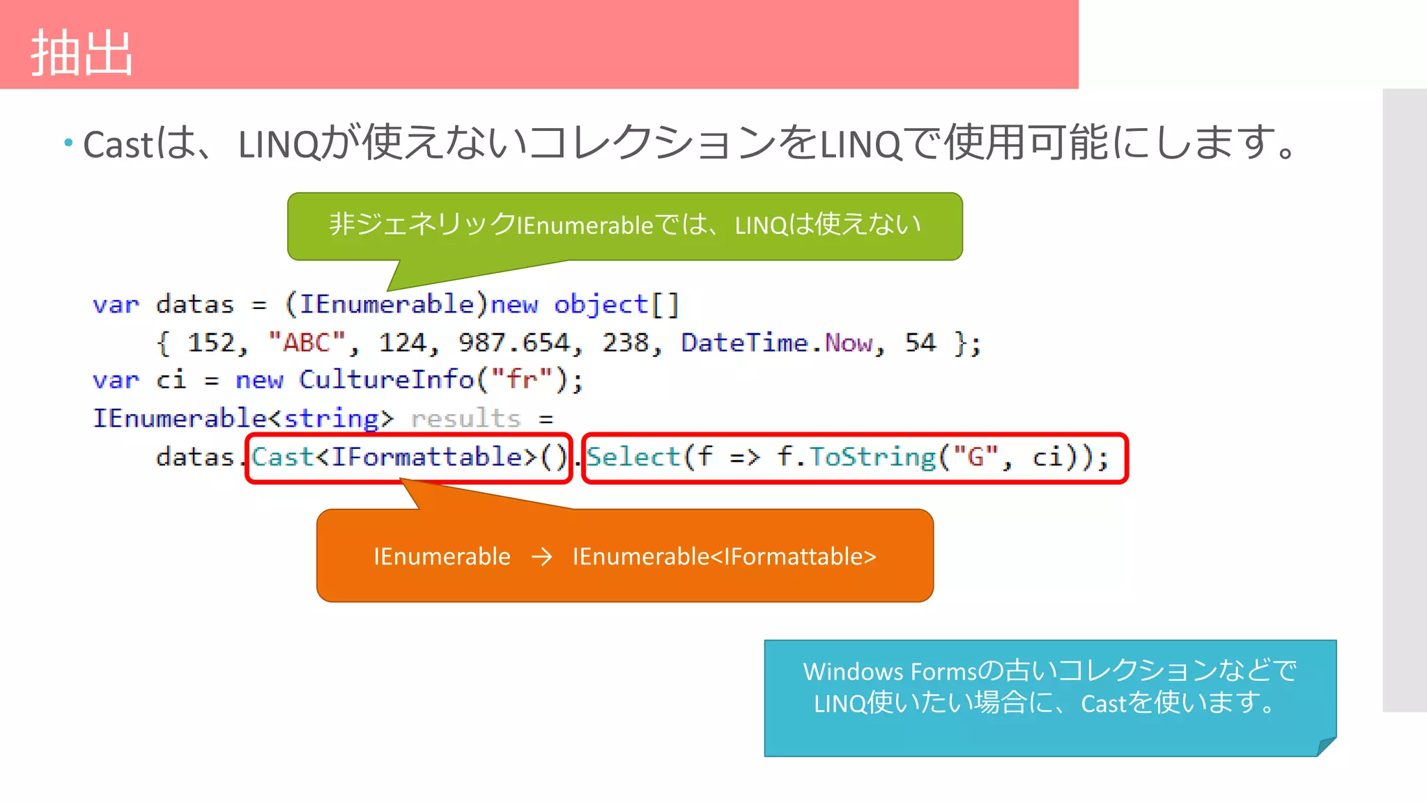 抽出
 Castは、LINQが使えないコレクションをLINQで使用可能にします。
IEnumerable → IEnumerable<IFormattable>
Windows Formsの古いコレクションなどで
LINQ使いたい場合に、Castを使います。
非ジェネリックIEnumerableでは、LINQは使えない
 