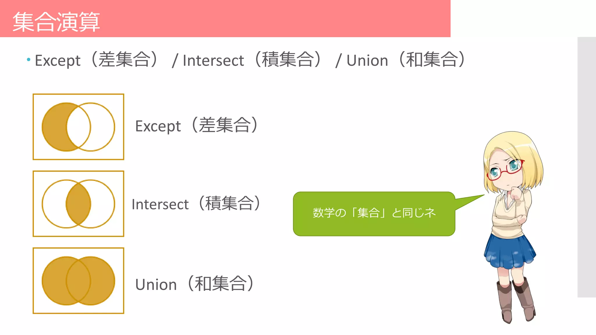 集合演算
 Except（差集合） / Intersect（積集合） / Union（和集合）
数学の「集合」と同じネ
Except（差集合）
Intersect（積集合）
Union（和集合）
 