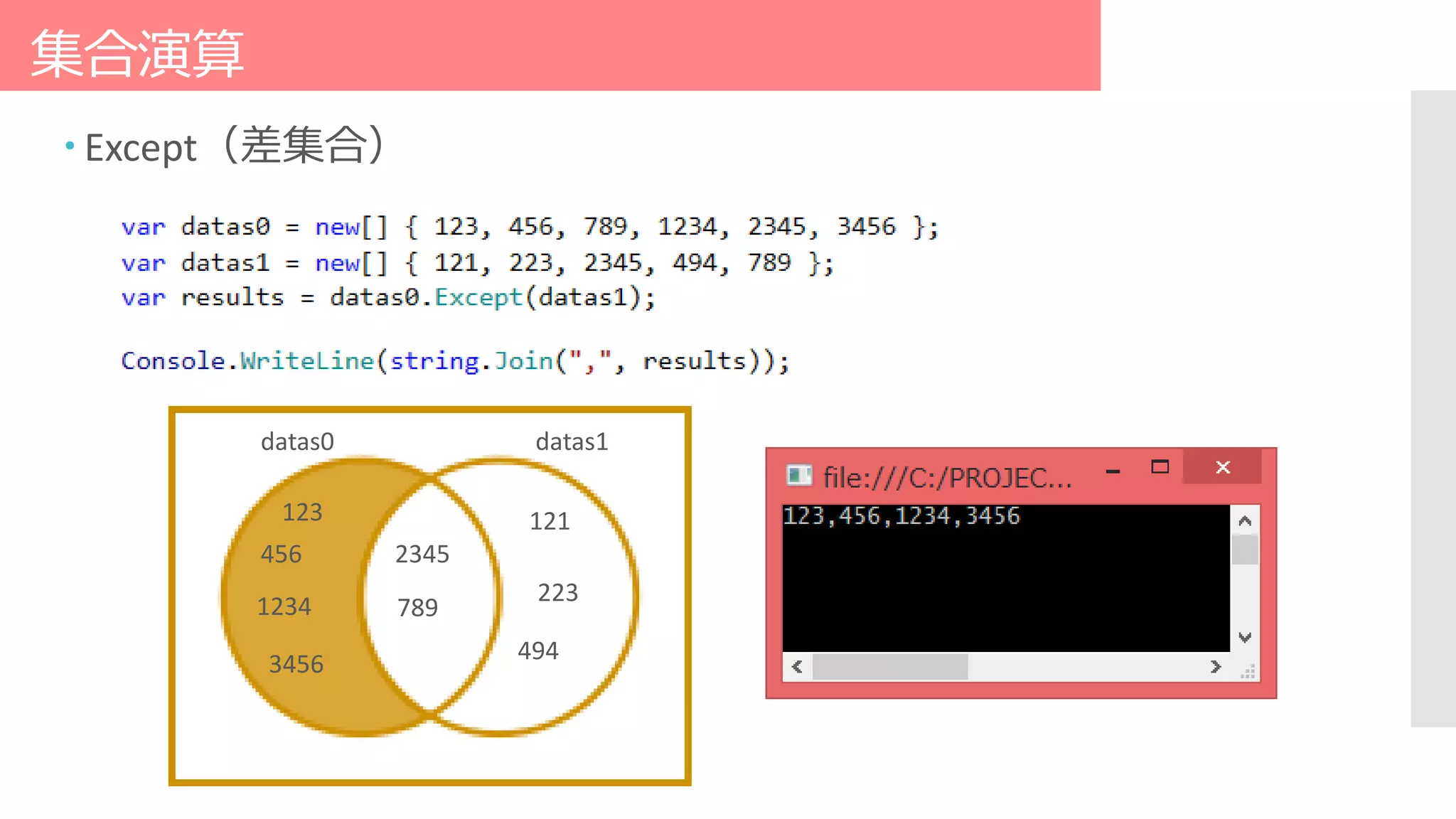 集合演算
 Except（差集合）
123
datas0 datas1
456
1234
3456
121
223
2345
789
494
 