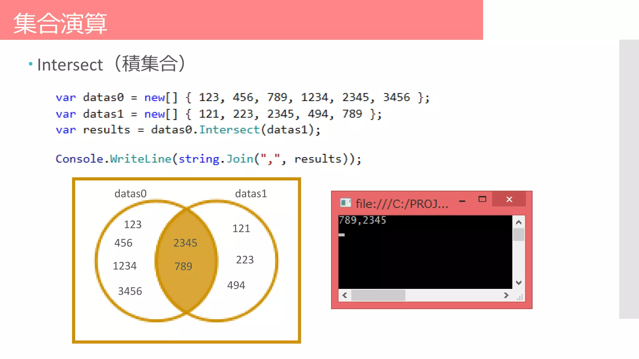 集合演算
123
datas0 datas1
456
1234
3456
121
223
2345
789
494
 Intersect（積集合）
 