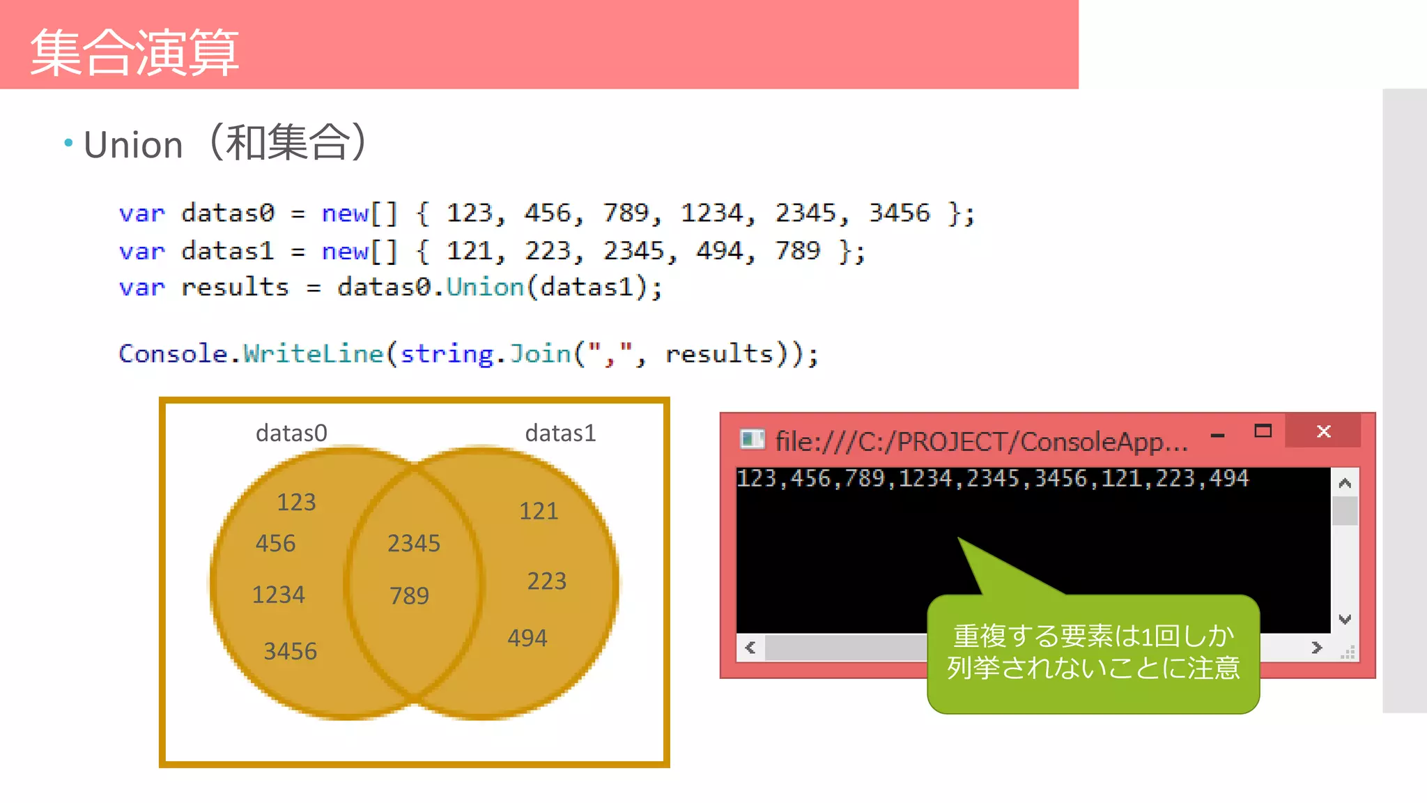集合演算
123
datas0 datas1
456
1234
3456
121
223
2345
789
494 重複する要素は1回しか
列挙されないことに注意
 Union（和集合）
 