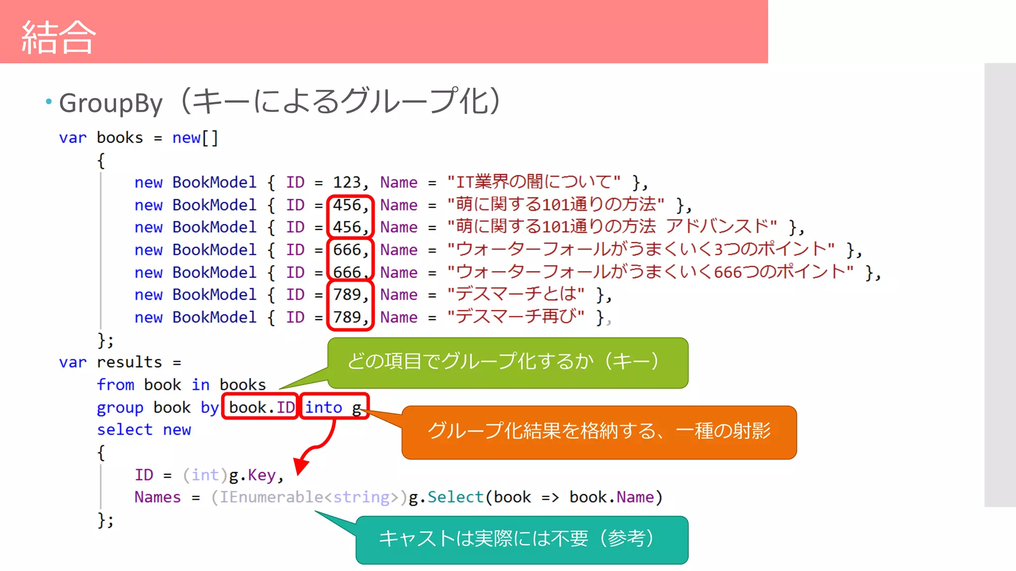 結合
 GroupBy（キーによるグループ化）
どの項目でグループ化するか（キー）
グループ化結果を格納する、一種の射影
キャストは実際には不要（参考）
 