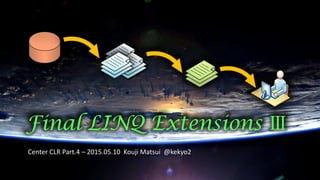 Final LINQ Extensions Ⅲ
Center CLR Part.4 – 2015.05.10 Kouji Matsui @kekyo2
 