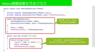 Where演算結果を司るクラス
受け取ったテーブルと
式木をそのまま保存
とりあえず、式木はそのままダンプ
（式木はラムダ式なので、右辺のBodyだけ使う）
 