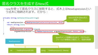 匿名クラスを生成するNew式
Selectの式木はNew式と
仮定して...
Newのメンバ初期化式は全て（モデルの）
フィールド参照式と仮定して、名前を取得
NewExpression
int FieldExpression[0] (ID) FieldExpression[1] (Name)string
 newを使って匿名クラスに射影すると、式木上はNewExpressionとい
う式木に格納されます。だから：
 