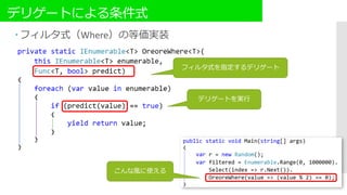 デリゲートによる条件式
 フィルタ式（Where）の等価実装
フィルタ式を指定するデリゲート
こんな風に使える
デリゲートを実行
 
