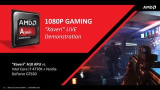 1080P GAMING
“Kaveri” LIVE
Demonstration

“Kaveri” A10 APU vs.
Intel Core i7 4770K + Nvidia
GeForce GT630

19 | AMD DEVELOPER SUMMIT | NOVEMBER 2013

 