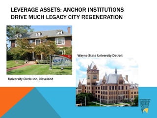 LEVERAGE ASSETS: ANCHOR INSTITUTIONS
DRIVE MUCH LEGACY CITY REGENERATION
Wayne State University Detroit
University Circle Inc. Cleveland
 