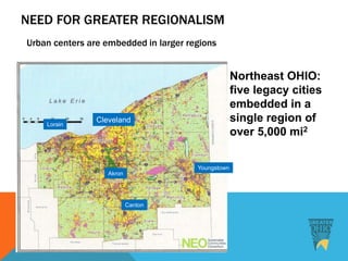 Cleveland
Akron
Canton
Youngstown
Lorain
Northeast OHIO:
five legacy cities
embedded in a
single region of
over 5,000 mi2
NEED FOR GREATER REGIONALISM
Urban centers are embedded in larger regions
 