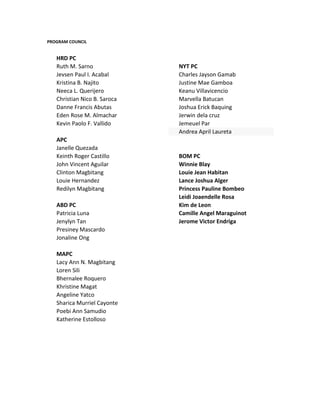 PROGRAM COUNCIL
HRD PC
Ruth M. Sarno
Jevsen Paul I. Acabal
Kristina B. Najito
Neeca L. Querijero
Christian Nico B. Saroca
Danne Francis Abutas
Eden Rose M. Almachar
Kevin Paolo F. Vallido
APC
Janelle Quezada
Keinth Roger Castillo
John Vincent Aguilar
Clinton Magbitang
Louie Hernandez
Redilyn Magbitang
ABD PC
Patricia Luna
Jenylyn Tan
Presiney Mascardo
Jonaline Ong
MAPC
Lacy Ann N. Magbitang
Loren Sili
Bhernalee Roquero
Khristine Magat
Angeline Yatco
Sharica Murriel Cayonte
Poebi Ann Samudio
Katherine Estolloso
NYT PC
Charles Jayson Gamab
Justine Mae Gamboa
Keanu Villavicencio
Marvella Batucan
Joshua Erick Baquing
Jerwin dela cruz
Jemeuel Par
Andrea April Laureta
BOM PC
Winnie Blay
Louie Jean Habitan
Lance Joshua Alger
Princess Pauline Bombeo
Leidi Joaendelle Rosa
Kim de Leon
Camille Angel Maraguinot
Jerome Victor Endriga
 