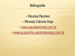 Bibliografia
 Revista Recreio
 Revista Ciência Hoje
 www.saudeanimal.com.br
 www.ig.iguinho.canalnatureza.com.br
 