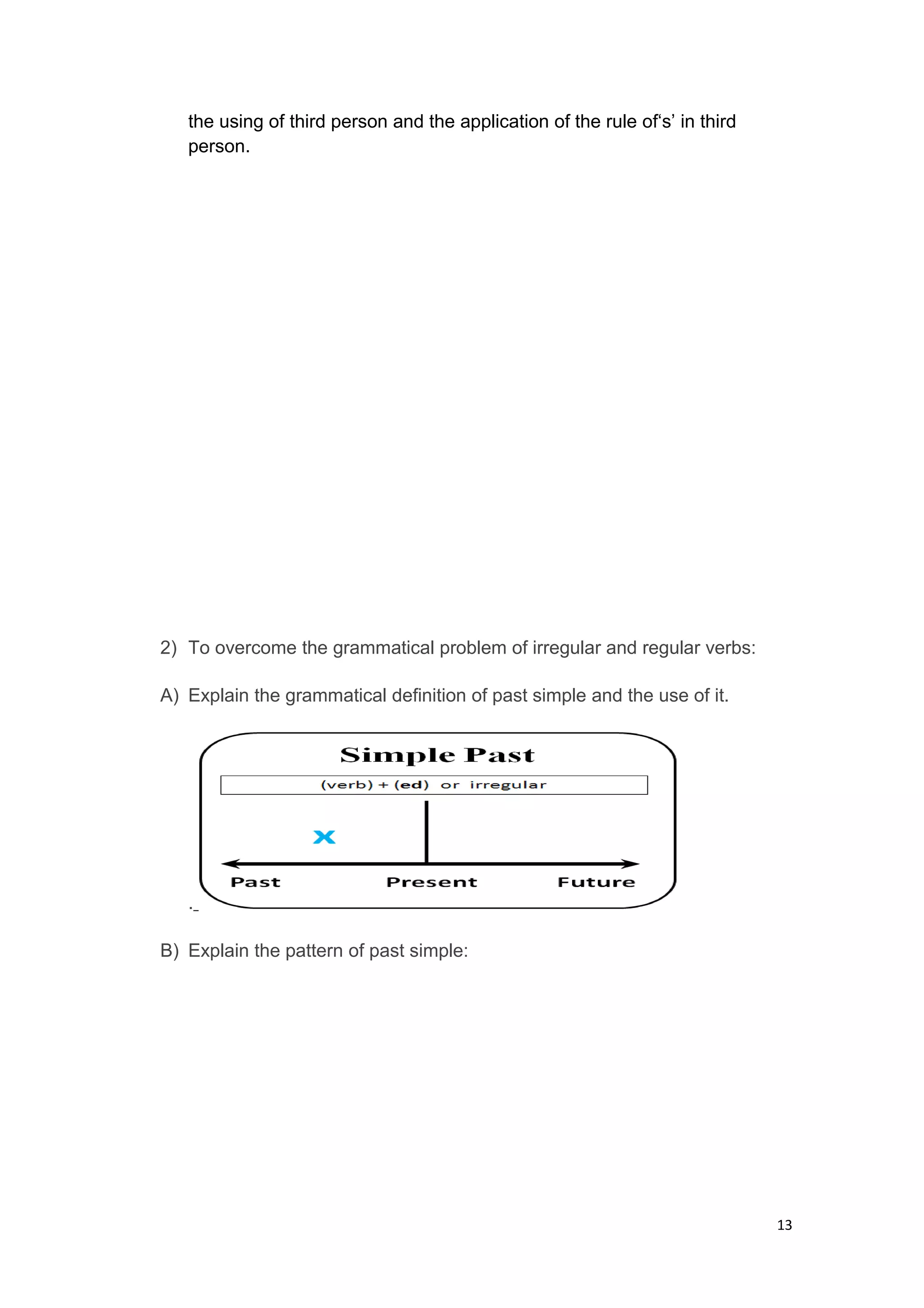 the using of third person and the application of the rule of‘s’ in third
person.
2) To overcome the grammatical problem of irregular and regular verbs:
A) Explain the grammatical definition of past simple and the use of it.
.
B) Explain the pattern of past simple:
13
 
