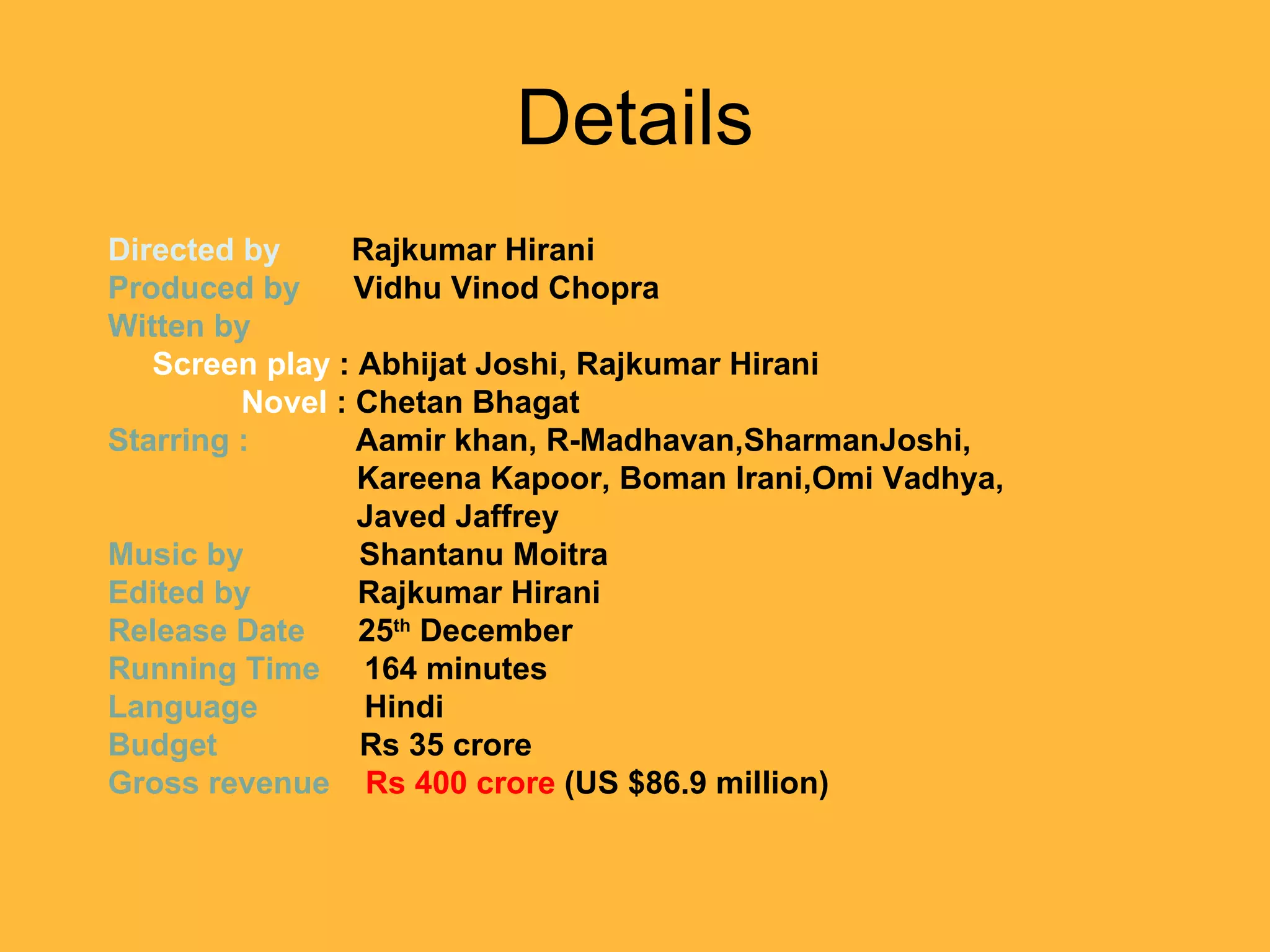 Details Directed by  Rajkumar Hirani Produced by  Vidhu Vinod Chopra Witten by  Screen play  : Abhijat Joshi, Rajkumar Hirani Novel  : Chetan Bhagat Starring :  Aamir khan, R-Madhavan,SharmanJoshi, Kareena Kapoor, Boman Irani,Omi Vadhya, Javed Jaffrey Music by  Shantanu Moitra Edited by  Rajkumar Hirani Release Date  25 th  December Running Time  164 minutes Language   Hindi Budget   Rs 35 crore Gross revenue  Rs 400 crore  (US $86.9 million) 