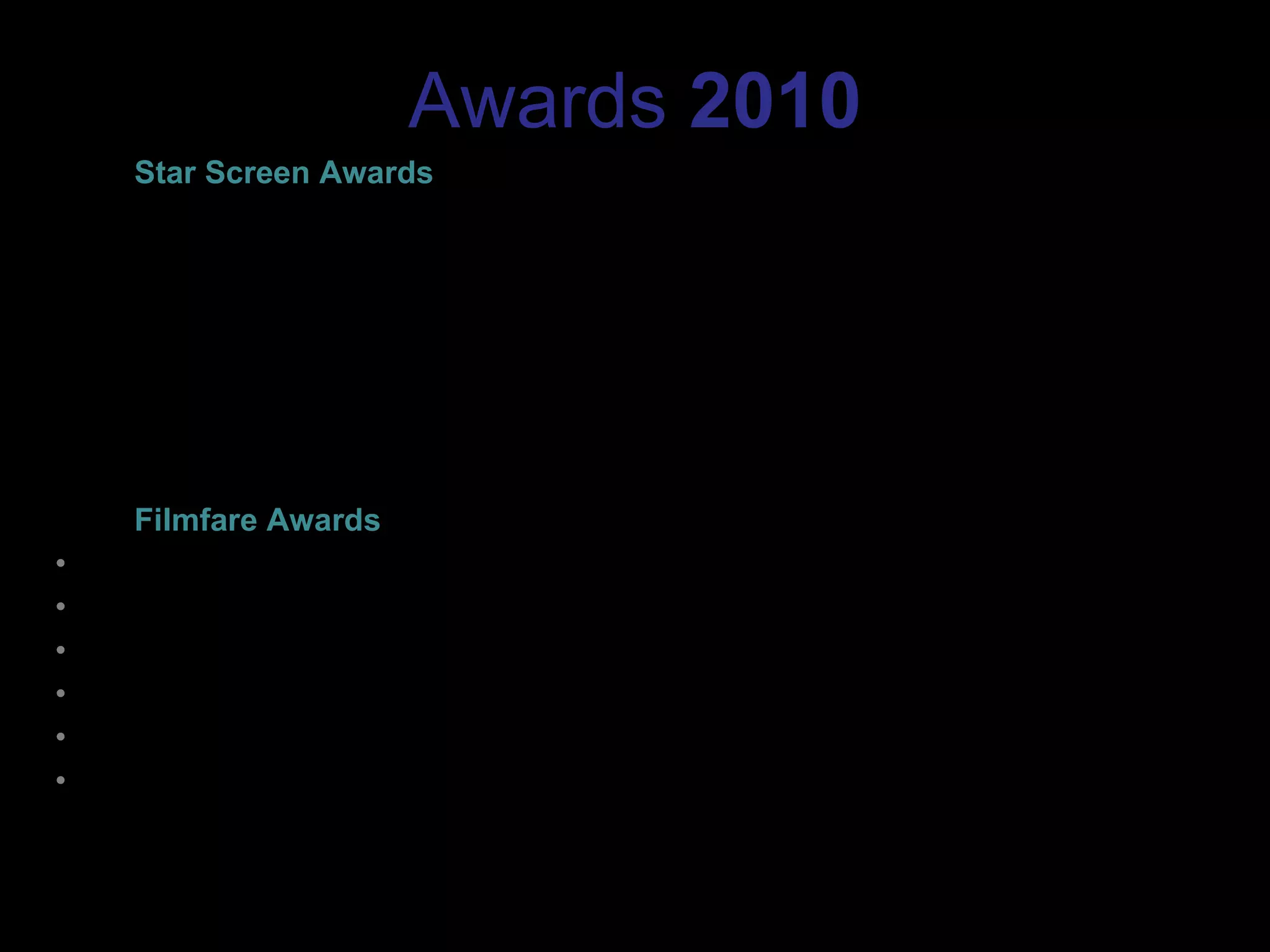Awards  2010 2010  Star Screen Awards Star Screen Award for Best Film - Rajkumar Hirani Star Screen Award for Best Villain - Boman Irani Star Screen Award for Best Director - Rajkumar Hirani Star Screen Award for Best Comedian - Omi Vaidya Star Screen Award for Best Dialogue - Abhijat Joshi, Rajkumar Hirani Star Screen Award for Best Editing - Rajkumar Hirani 20 2010  Filmfare Awards Best Film - Vidhu Vinod Chopra Best Director - Rajkumar Hirani Best Supporting Actor - Boman Irani Best Dialogue - Raj Kumar Hirani and Vidhu Vinod Chopra Best Story - Abhijat Joshi and Rajkumar Hirani Best Screenplay - Rajkumar Hirani and Vidhu Vinod Chopra 