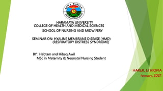 HARAMAYA UNIVERSITY
COLLEGE OF HEALTH AND MEDICAL SCIENCES
SCHOOL OF NURSING AND MIDWIFERY
SEMINAR ON: HYALINE MEMBRANE DISEASE (HMD)
(RESPIRATORY DISTRESS SYNDROME)
BY: Habtam and Hibaq Awil
MSc in Maternity & Neonatal Nursing Student
HARER, ETHIOPIA
February, 2021
 