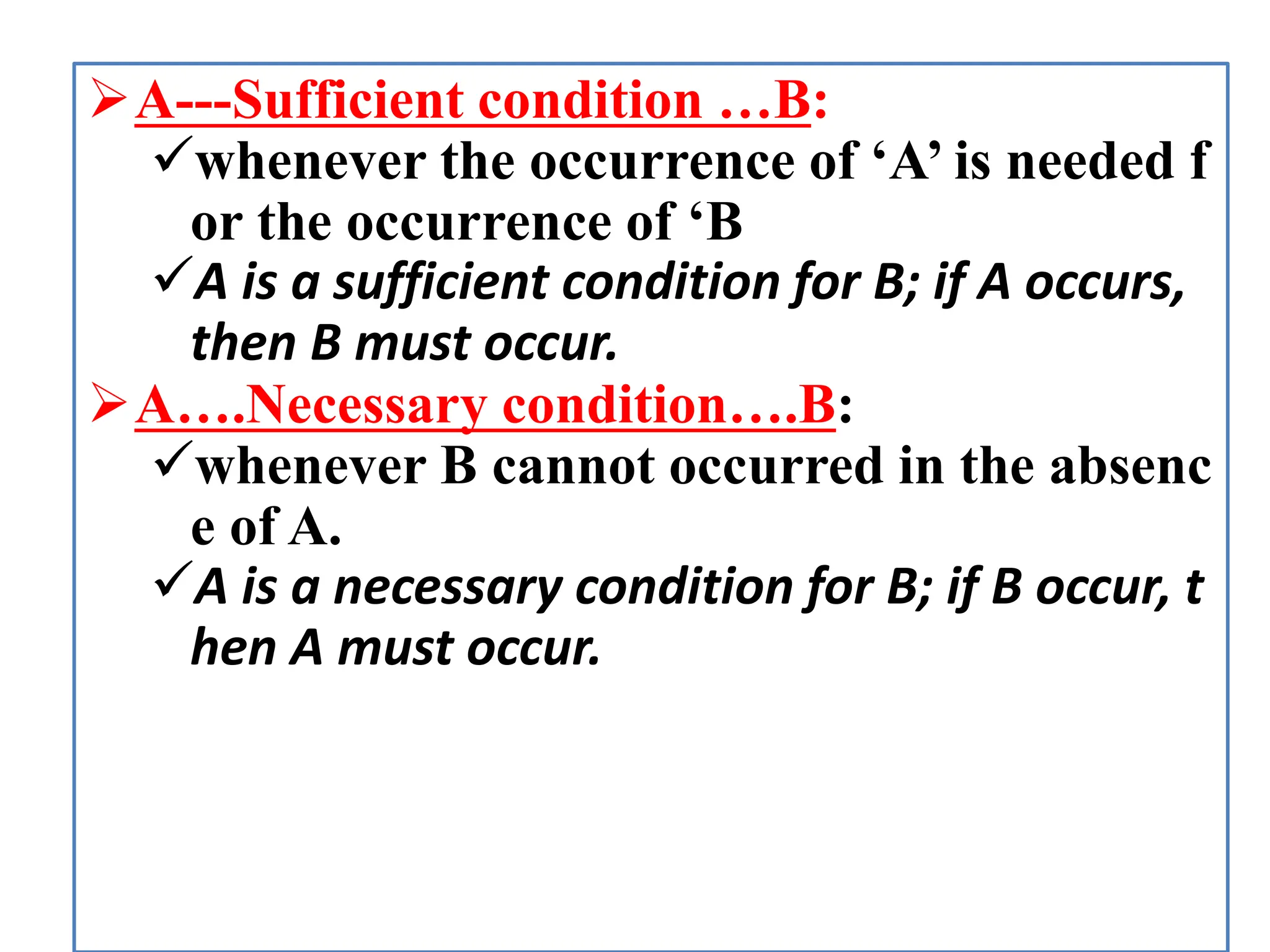 A---Sufficient condition …B:
whenever the occurrence of ‘A’ is needed f
or the occurrence of ‘B
A is a sufficient condition for B; if A occurs,
then B must occur.
A….Necessary condition….B:
whenever B cannot occurred in the absenc
e of A.
A is a necessary condition for B; if B occur, t
hen A must occur.
 