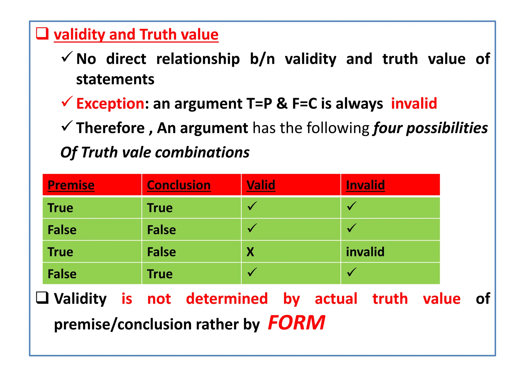  validity and Truth value
 No direct relationship b/n validity and truth value of
statements
 Exception: an argument T=P & F=C is always invalid
 Therefore , An argument has the following four possibilities
Of Truth vale combinations
 Validity is not determined by actual truth value of
premise/conclusion rather by FORM
Premise Conclusion Valid Invalid
True True  
False False  
True False X invalid
False True  
 
