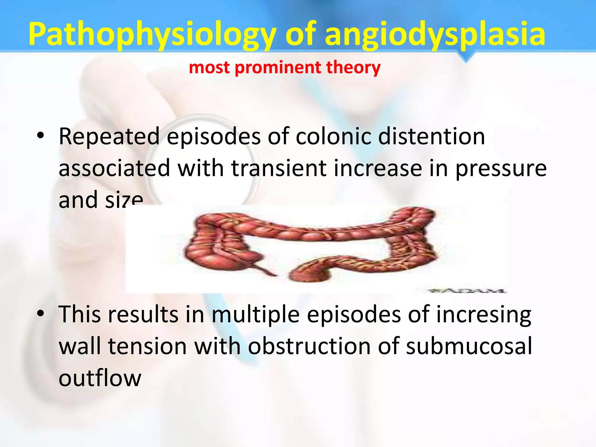 Pathophysiology of angiodysplasia
              most prominent theory


• Repeated episodes of colonic distention
  associated with transient increase in pressure
  and size



• This results in multiple episodes of incresing
  wall tension with obstruction of submucosal
  outflow
 