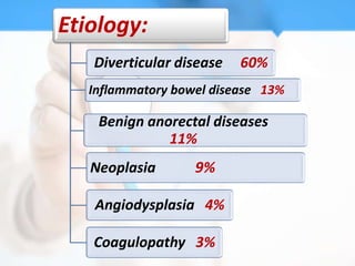Etiology:
   Diverticular disease   60%
   Inflammatory bowel disease 13%

    Benign anorectal diseases
              11%
   Neoplasia       9%

   Angiodysplasia 4%

   Coagulopathy 3%
 