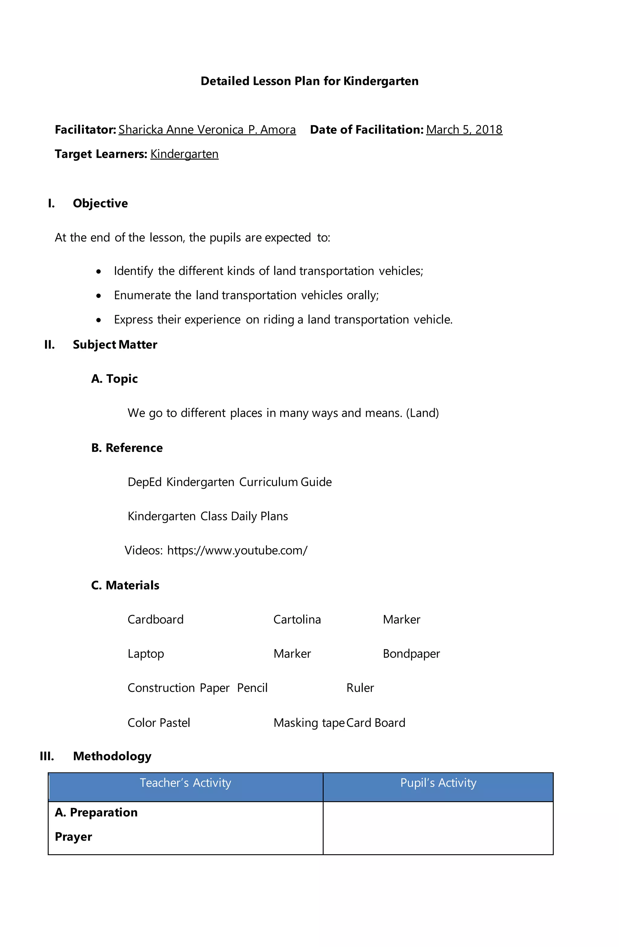 DETAILED LESSON PLAN FOR KINDERGARTEN | PDF