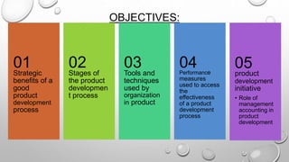 OBJECTIVES:
Strategic
benefits of a
good
product
development
process
01 Stages of
the product
developmen
t process
02 Tools and
techniques
used by
organization
in product
03 Performance
measures
used to access
the
effectiveness
of a product
development
process
04
product
development
initiative
• Role of
management
accounting in
product
development
05
 