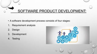 SOFTWARE PRODUCT DEVELOPMENT:
• A software development process consists of four stages:
1. Requirement analysis
2. Design
3. Development
4. Testing
 