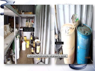 Top up containers
(no lube cabinet)

Grease Gun

Lubricants/instruments not properly stored

 